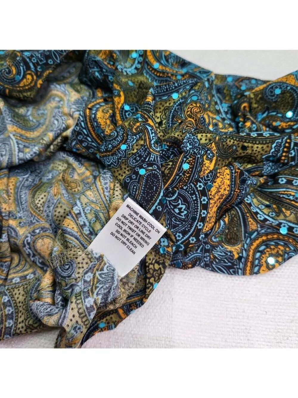 Cathy Womens XL Paisley Tunic Top Blue Teal Gold Boho Roll Tab Sleeve Blouse - Picture 8 of 8